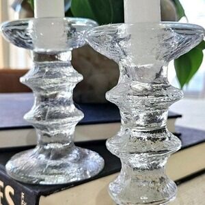 Vtg Ice Glass Stacked Rings Pedestal Candlesticks Scandinavian or Italian Pair